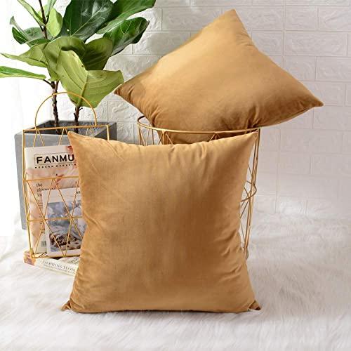 MERNETTE Pack of 2, Velvet Soft Decorative Square Throw Pillow Cover Cushion Covers Pillow case, Home Decor Decorations for Sofa Couch Bed Chair 18x18 Inch/45x45 cm (Gold)