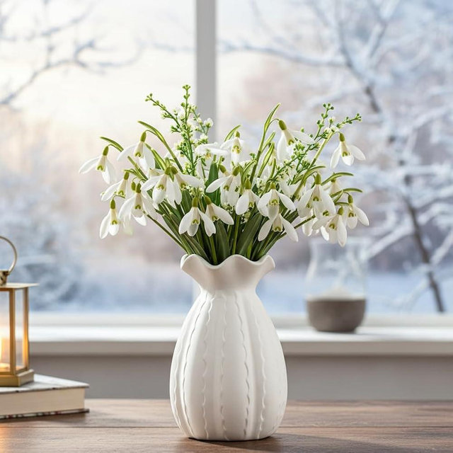 White Ceramic Vase with Ruffled Rim & Scalloped Texture - 8.5" Unique Flower Vase for Pampas Grass & Centerpieces, Decorative Boho/Farmhouse Vase for Living Room, Office Desk & Gift for Her/Yourself