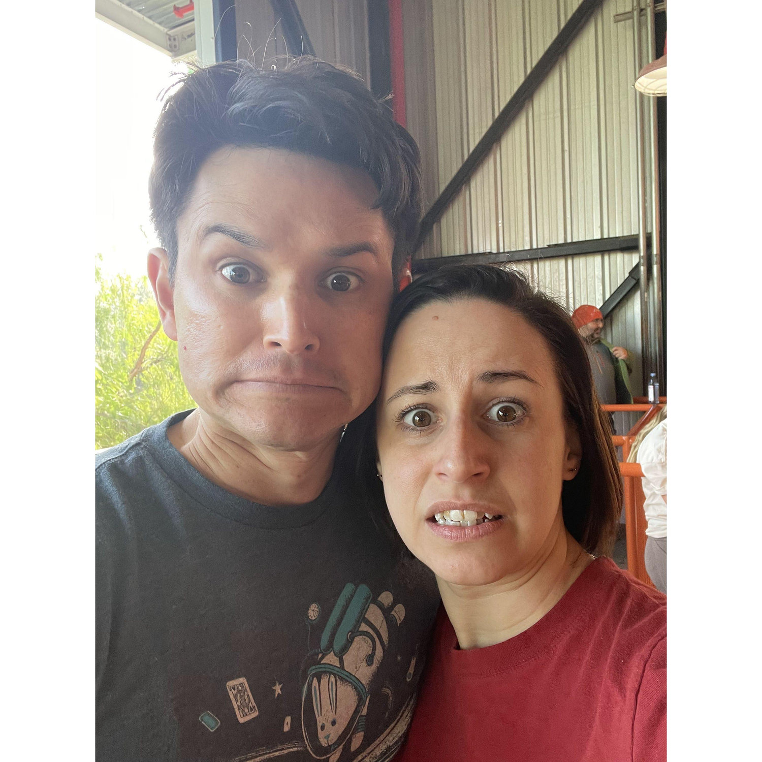 Nerves before a scary rollercoaster at Six Flags Magic Mountain in Southern California, January 2024.