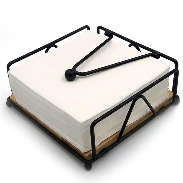 Napkin Holder for Table, Metal and Wood Napkin Holder, Standing Napkin Holders for Paper Napkins, for Kitchen Counter, Dining Table, Black 7" x 7"