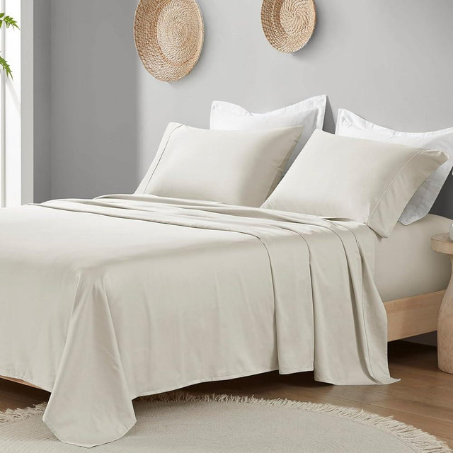 Madison Park Organic Cotton Sheet Soft & Breathable 300TC Cotton Sheets, Elastic Deep Pocket Sheet Set Fits Up to 18" Mattress, All Seasons, Lightweight, 100% Cotton Bed Sheets, King Ivory 4 Piece