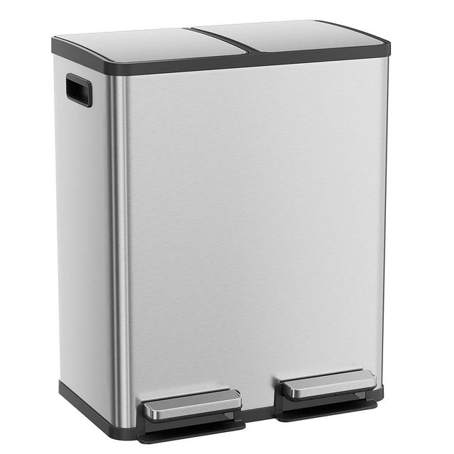 Kitchen Trash Can, 16 Gallon Dual Compartment Garbage Bin with Quiet Close Foot Pedal, Stainless Steel