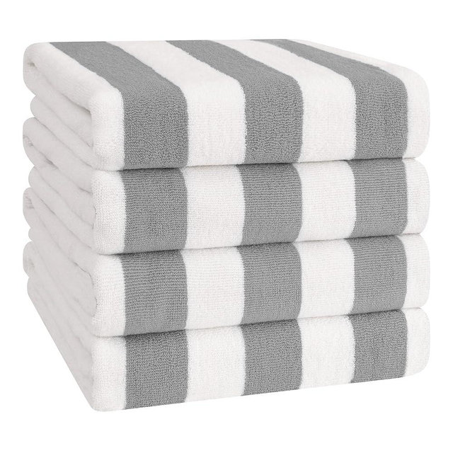 American Soft Linen Beach Towel, 4- Packed Cabana Striped 100% Cotton Pool Towels, 30x60 in Oversized Beach Towels, Soft Absorbent Sand Free Swim Towels, Rockridge Grey