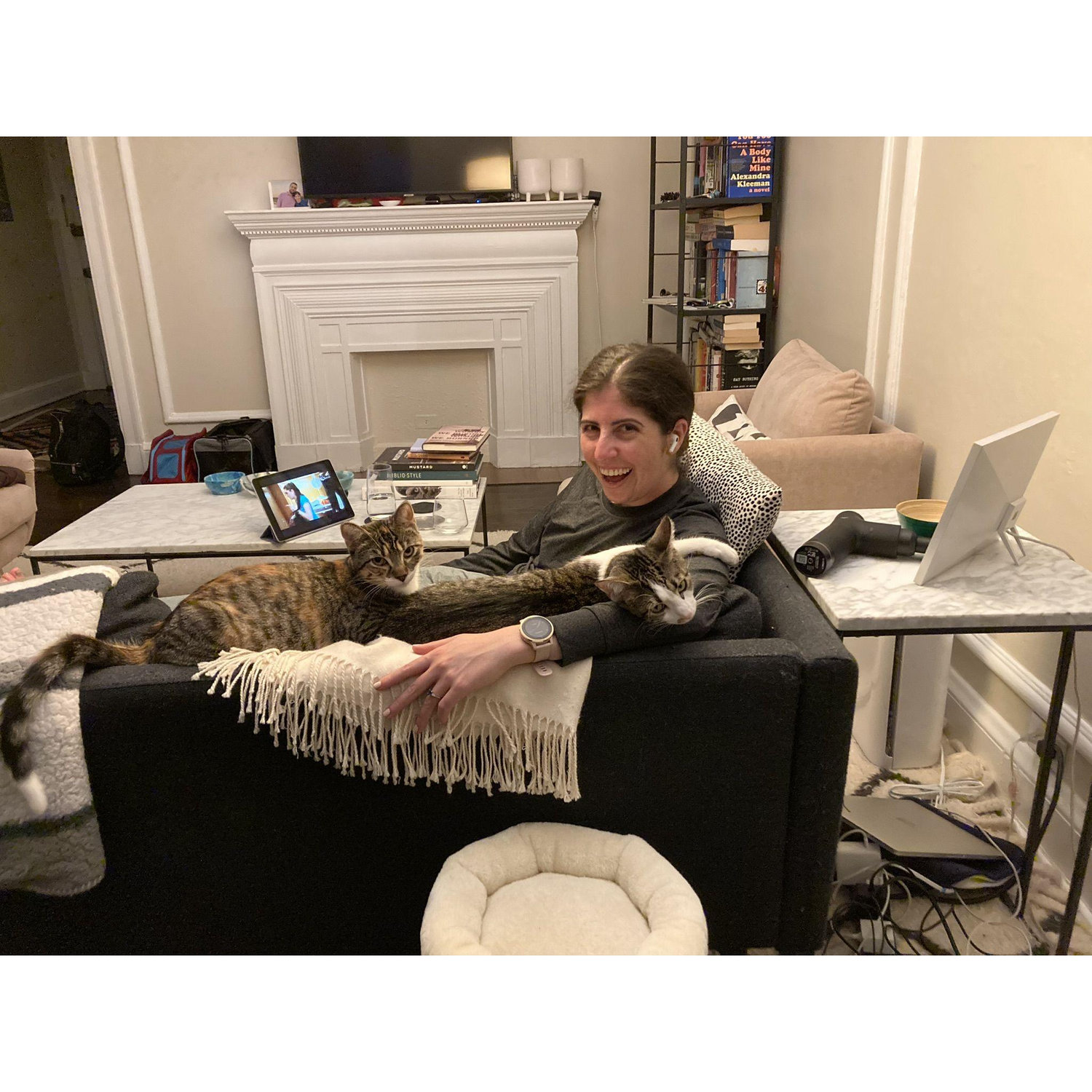 Another photo of Sarah and the kittos - Sadie and Sophie!