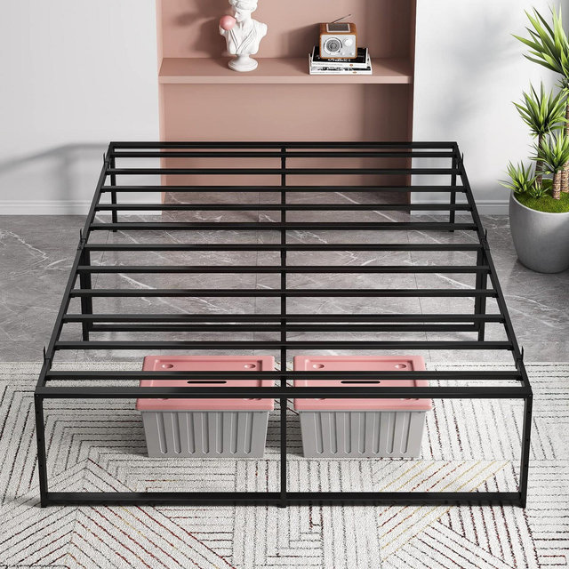 Queen Metal Bed Frame Platform, 14 inch Queen Bedframe with Sturdy Steel Slats Mattress Foundation No Box Spring Needed Easy Assemble Noise Free Black