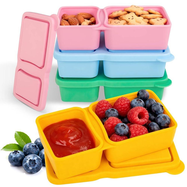 MACTANO 4 Pack New Reusable Silicone Snack Containers with Lids, 10 oz Double Compartment Condiment Meal Prep Control Containers Portable Small Leakproof for Office Travel Picnic