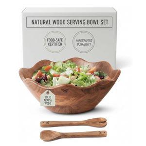 Melvvi Large Wooden Salad Bowl Set with 2 Serving Utensils | 12" Acacia Wood Bowls for Food | Great Mothers Day gift (Natural Set of 3)