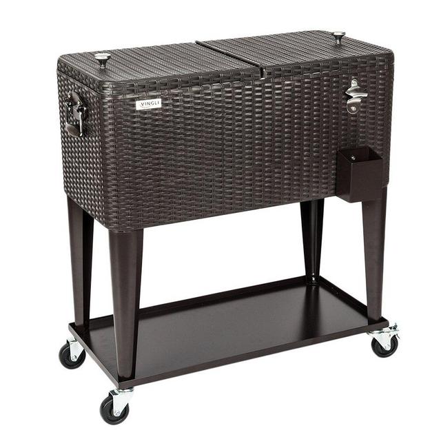 VINGLI 80 Quart Rolling Ice Chest on Wheels, Portable Patio Party Bar Drink Cooler Cart, Wicker PP Rattan with Shelf, Beverage Pool with Bottle Opener and Rolling Cover