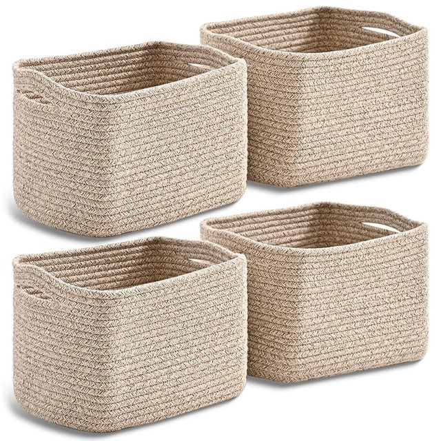 Dcerzxzci Small Storage Baskets for Organizing, Woven Storage Baskets for Shelves, Cotton Rope Basket for Storage, Cute Rectangular Book Toy Basket, 12.7"×9.1"×7.9", 4 Packs, Brown
