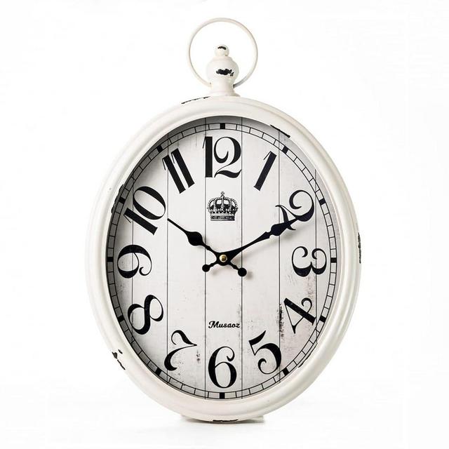Musaoz Oval Large Wall Clock Silent Non-Ticking Metal Battery Operated Retro Wall Clock Antique Design Rustic Vintage Style Decor Wall Clock for Living Room Kitchen Farmhouse 16 inch (white, 16inches)