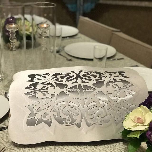 BLASANI Mijal Gleiser Judaica Shabbat Shalom Challah Cover in Synthetic Silk Laser Cut Design (Silver-Gray)