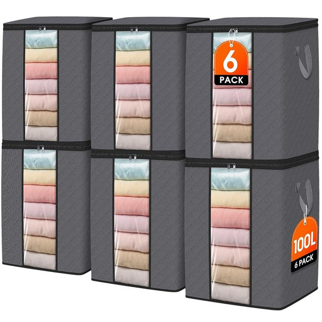 SpaceWhisper 6 Pack 100L Clothes Storage, Foldable Thick Fabric Blanket Storage Bags, Containers for Organizing Bedroom, Closet, Clothing, Comforter,Closet Organization with Handle,Grey