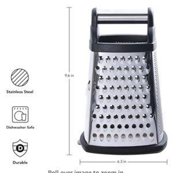KitchenAid Gourmet 4-Sided Stainless Steel Box Grater for Fine, Medium and Coarse Grate, and Slicing, Detachable 3 Cup Storage Container and Measurment Markings, Dishwasher Safe, 10 inches tall, Black