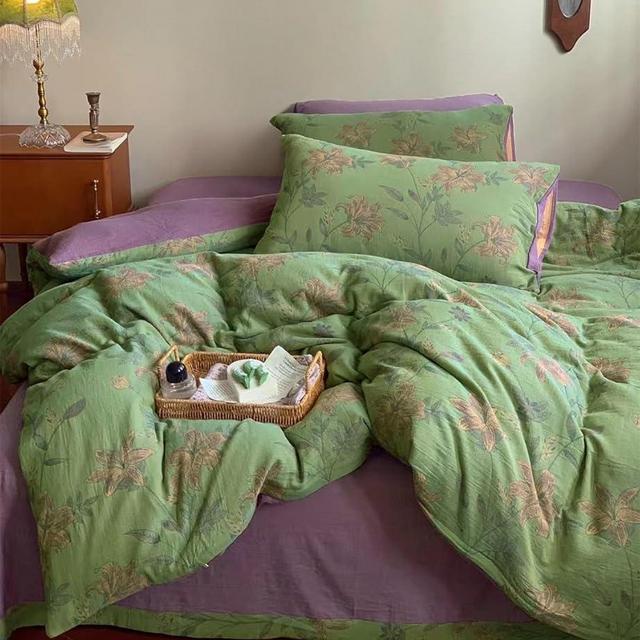VM VOUGEMARKET Linen Cotton Jacquard Duvet Cover Queen,3 Pcs Yarn-Dyed Textured Duvet Cover Set Green Purple Floral Bedding Breathable, Natural Wrinkled Look