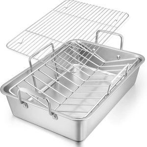 E-far Roasting Pan, 16 x 11.5 Inch Stainless Steel Turkey Roaster with V-shaped & Flat Rack, Non-toxic & Heavy Duty Deep Broiling Pan, Dishwasher Safe - Large