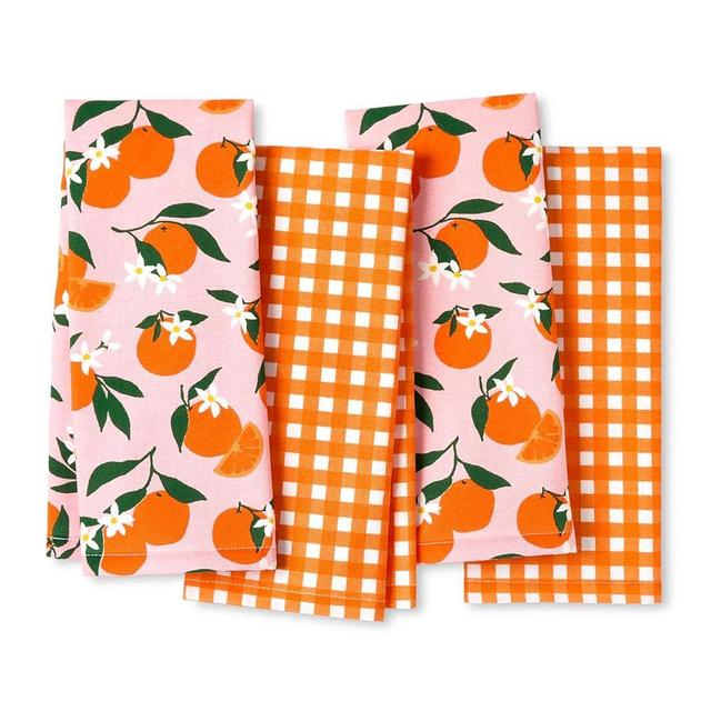 Kate Spade New York Squeeze The Day and Spring Gingham Kitchen Towels 4-Pack Set, Absorbent 100% Cotton, Orange/Pink, 17"x28"