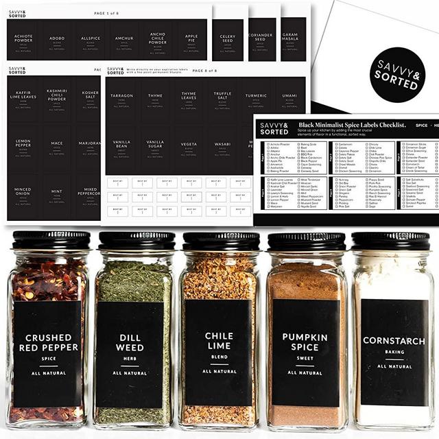 162 Black Minimalist Spice Labels Stickers - Spice Jar Labels Preprinted - White Text on Black Labels - Spice Jars with Label - Herb Stickers Kitchen Pantry Labels - Spice Jar Organization