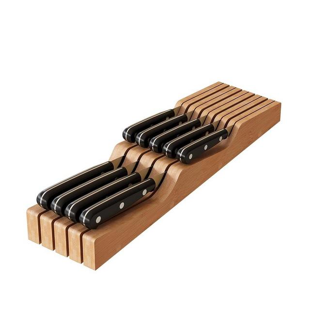 In-Drawer Knife Block Organizer - Bamboo Wood Drawer Knife Holder-Protecting Knife Organizer Block Holds Up To 9 Knives（Not Included）