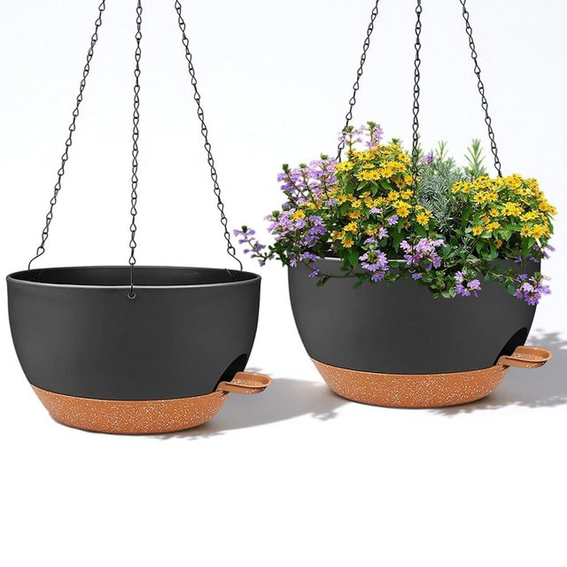 zople 2 Pack 12 Inch Large Hanging Planters with Chains Self Watering Black Brown Plastic Hanging Pots for Indoor Outdoor Plants, Garden Porch Home Decor，Black Brown