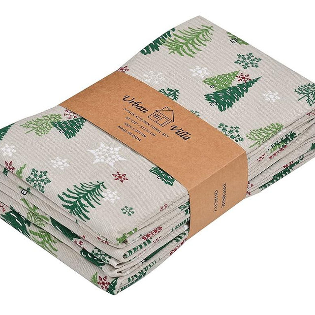 Urban Villa Kitchen Towels Christmas Green Trees Print Premium Quality,100% Cotton Dish Towels Mitered Corners Ultra Soft (Size: 20X30 Inch) Highly Absorbent Bar Towels & Tea Towels - (Set of 6)