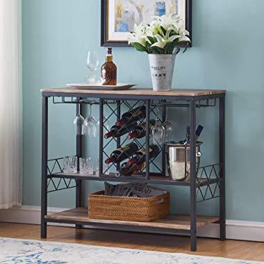 O&K FURNITURE Industrial Wine Rack Table with Glass Holder, Wine Bar Cabinet with Storage, Brown