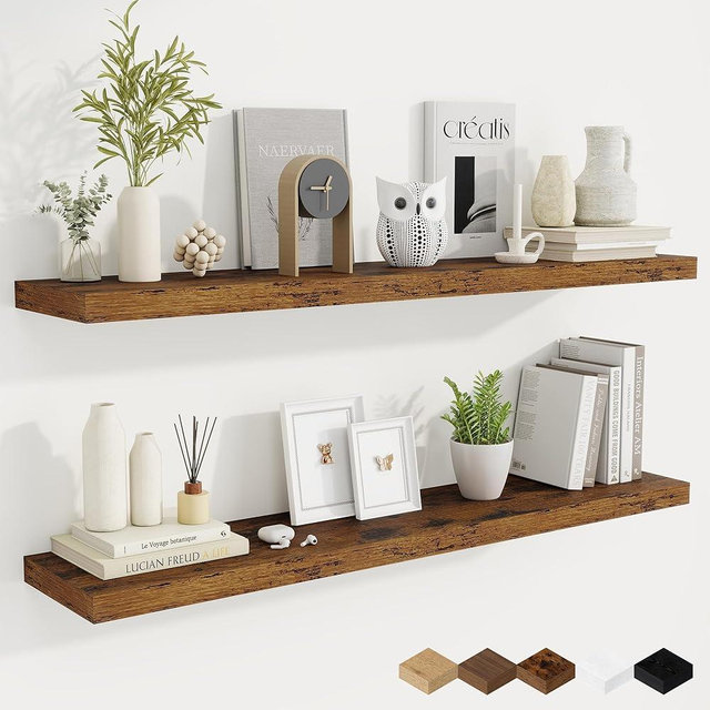 Fun Memories 48 Inch Brown Floating Shelves, 9.3 Inch Deep Wall Shelves for Living Room|Bedroom|Kitchen, Rusitc Wall Mounted Bathroom Shelves 2 Pack, Heavy-Duty Deep Shelf for Books，Decor