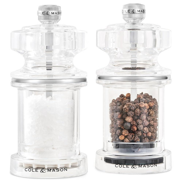 Cole & Mason 675 Refillable Spice Mill - Kitchen & Home Accessory - Salt & Pepper Grinder Set - Salt & Peppercorn Included - Acrylic - Salt & Pepper Set 4.5"