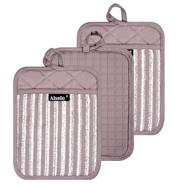 Alselo Silicone Pot Holders Set of 3 Heat Resistant & Non Slip Potholders, Professional Oven Hot Pads with Pockets Mitts for Kitchen Cooking Baking Barbecue (3, Purple)