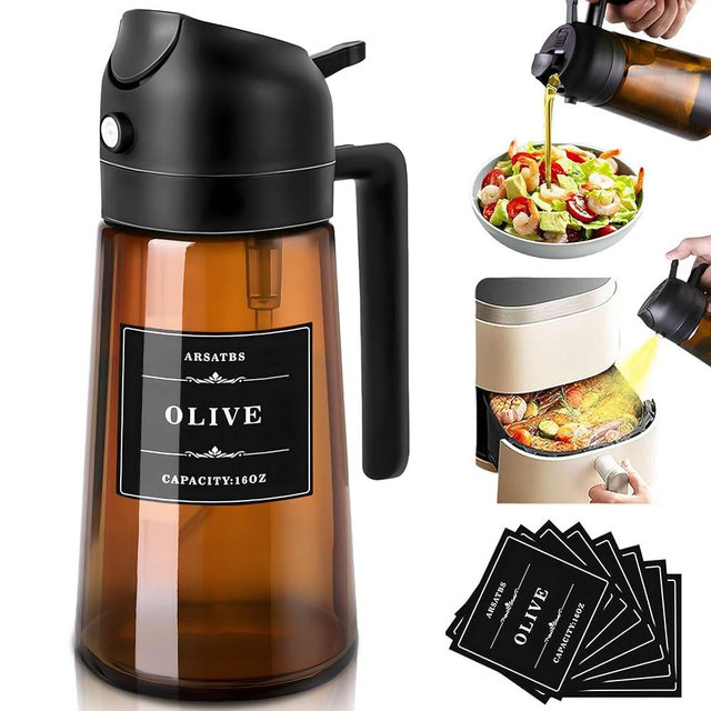 Arsatbs 16oz/470ml Olive Oil Sprayer for Cooking, 2 in 1 Oil Dispenser Bottle Spray and Pour with Stickers, Premium Dark Brown Glass Oil Bottle for Air Fryer, and Salad