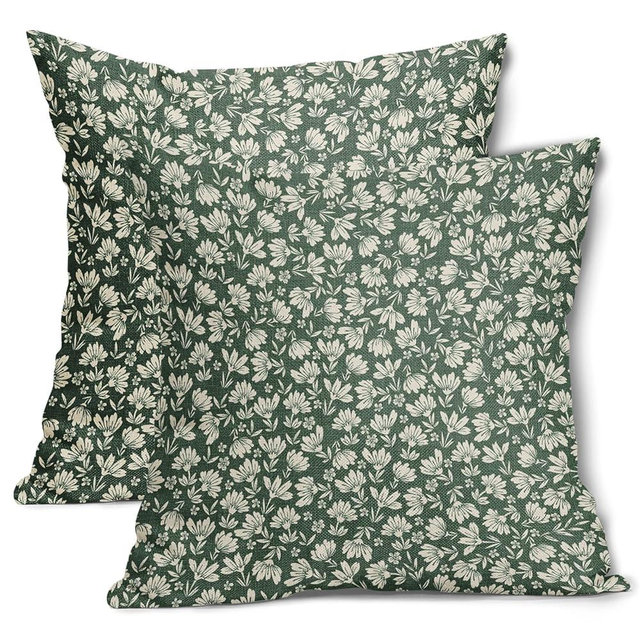 Sage Green Beige Daisy Floral Pillow Covers 20X20 Inch Vintage Flowers Decorative Pillow Cases Set of 2 Block Print Cotton Linen Throw Pillows Farmhouse Decor for Sofa Couch Porch Bed Cushion Outdoor