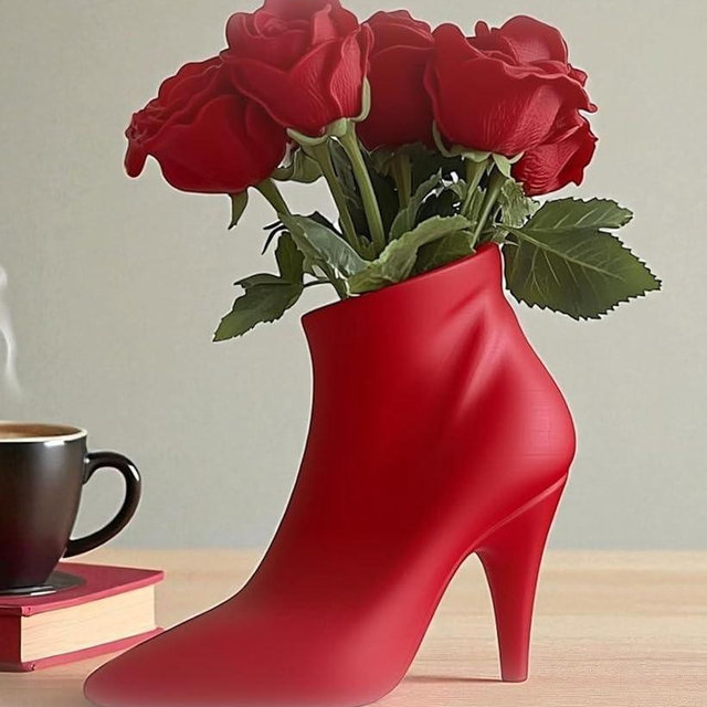 3D Printed Decorative Flower Pot – Shaped Like a High Heel Shoe – Unique Home or Office Decor Planter (Red)