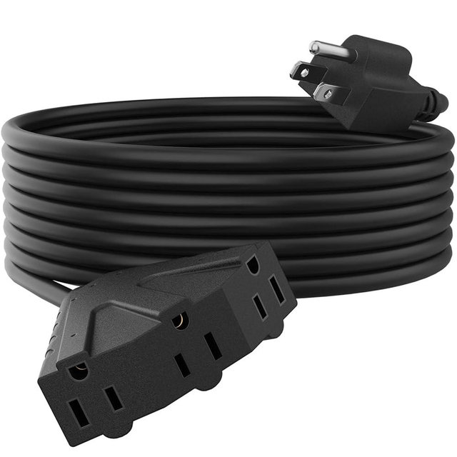 PLUGTUL 25FT Outdoor Extension Cord with Multiple Outlets, 14 Gauge, 3-Outlet, SJTW, 15A 14AWG 1875W SJTW, ETL Listed - Great for Garage, Garden and Home, Black