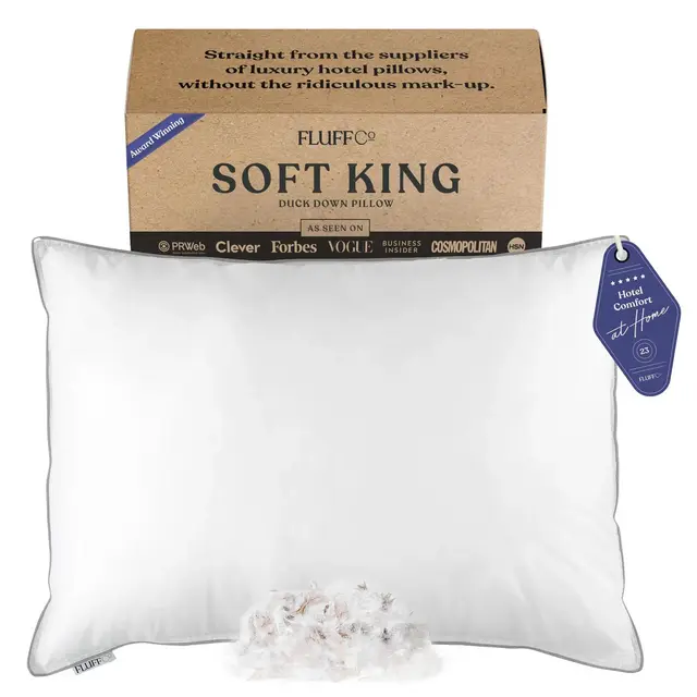 FluffCo Down & Feather Pillow - King - Soft - White