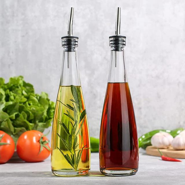 GMISUN 12oz Oil and Vinegar Dispenser Set, 2 Pack Olive Oil Dispenser Bottles for Kitchen, Oil Container Cruet Set, Oil Pourer Spout, Funnel and Labels, Heavy duty, Clear