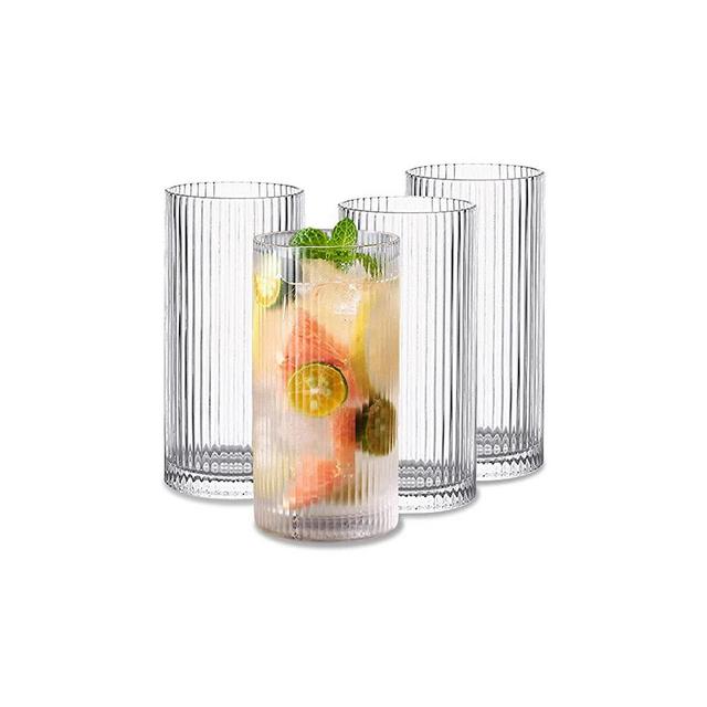 Glass Cups Vintage Glassware Set of 4 Large, Origami Style Transparent Cocktail Glasses Set, Bar Beverages Ice Coffee Cup Juice Ripple Drinkware, 450ml (L)