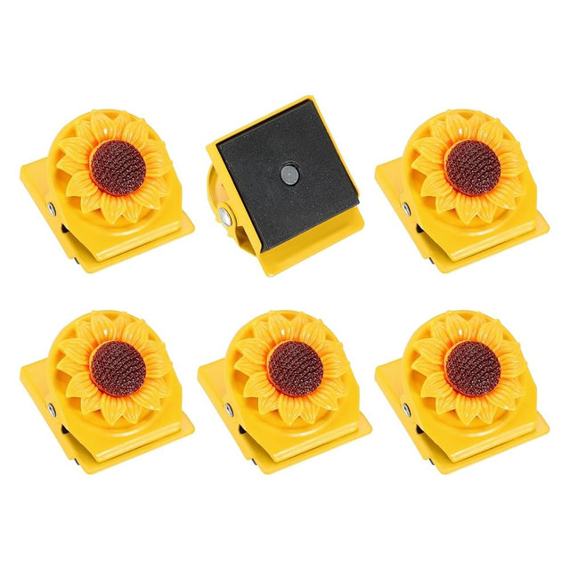 uxcell Magnet Metal Clips for Hanging, 6Pcs Sunflower Fridge Magnetic Clips Magnetic Paper Clamp Magnet Clamp for Locker Whiteboard Photo Display Document Storage, Yellow