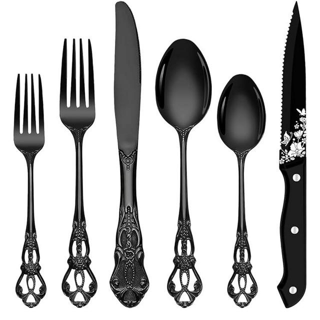 Stapava 48 Pcs Black Silverware Set with Steak Knives, Gorgeous Retro Royal Silverware Set for 8, Stainless Steel Mirror Flatware Cutlery Set, Include Forks Spoons and Knives set, Dishwasher Safe