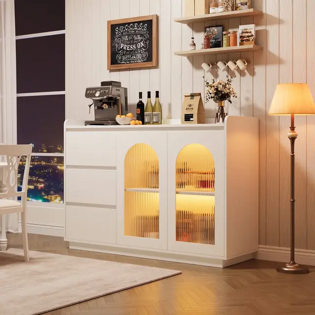 Sideboard Buffet Cabinet with Glass Door, Modern Storage Cabinet with Led Lights and Adjustable Shelves for Living Room, Dining Room, White