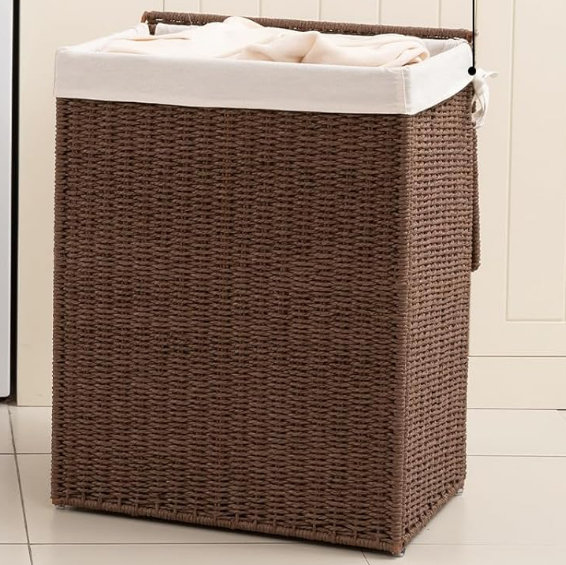 OIAHOMY Laundry Hamper with Lid, 90L(23.8 Gal) Large Wicker Laundry Basket for Bedroom, Handwoven Paper Rope Clothes Hamper with Washable Liner & Metal Frame, Decorative Organizer for Bathroom Brown
