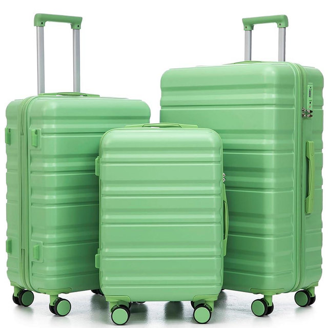 Merax 3 Piece ABS Hardshell Suitcase Set – Lightweight, Tough & Scratch-Resistant, Green Horizontal Stripe, 20/24/28 Inch
