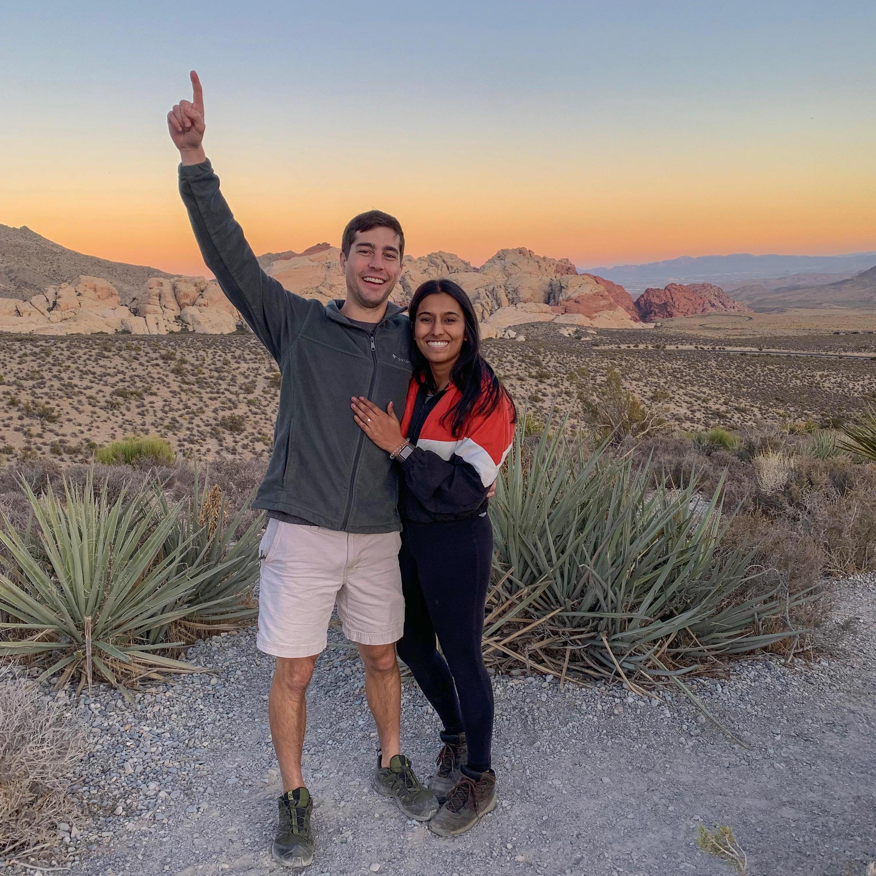 Tim proposed on November 2, 2019 after 2 years of dating. This was at Red Rocks Canyon, Las Vegas, while we were hiking!