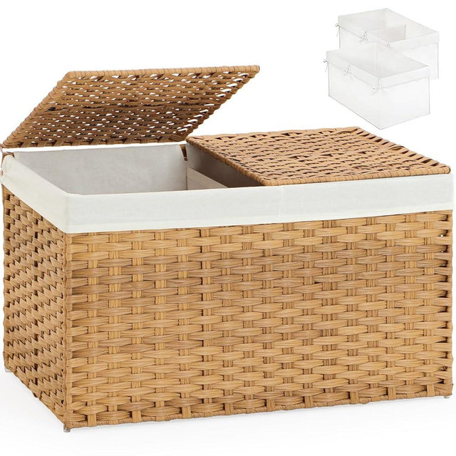 SETVSON Storage Basket with Lid Rattan Storage Basket with 2 Separate Lid, 27.8 Gallon (105 L) 25.2 * 15.4 * 16.1 Inches Woven Wicker Baskets with 2 Liners and Handles for Bedroom Laundry-Natural