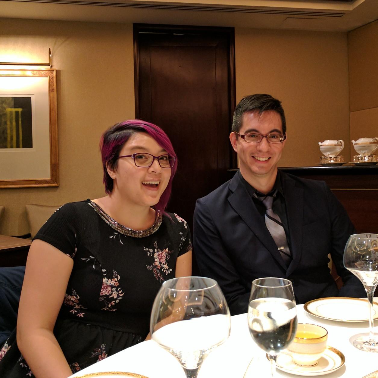 At a famous Michelin restaurant in Hong Kong. Slightly off-screen is Alex's dad in a t-shirt.