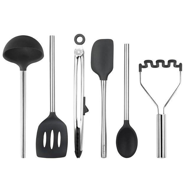 Tovolo Silicone Cooking Utensil Set of 6 Black Ladle Slotted Turner Tongs Flex Core Spatula Scraper Mixing Spoon and Potato Masher, Dishwasher Safe Non Toxic BPA Free Silicone Kitchen Utensils