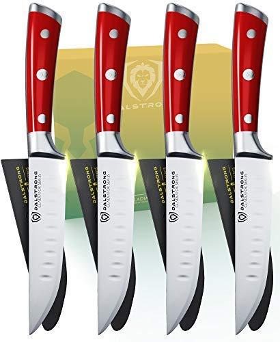 DALSTRONG Steak Knives - Set of 4 - 5" Straight Blade Edge - Gladiator Series - Forged German ThyssenKrupp HC Steel - w/Sheaths - Crimson Red ABS Handle - NSF Certified