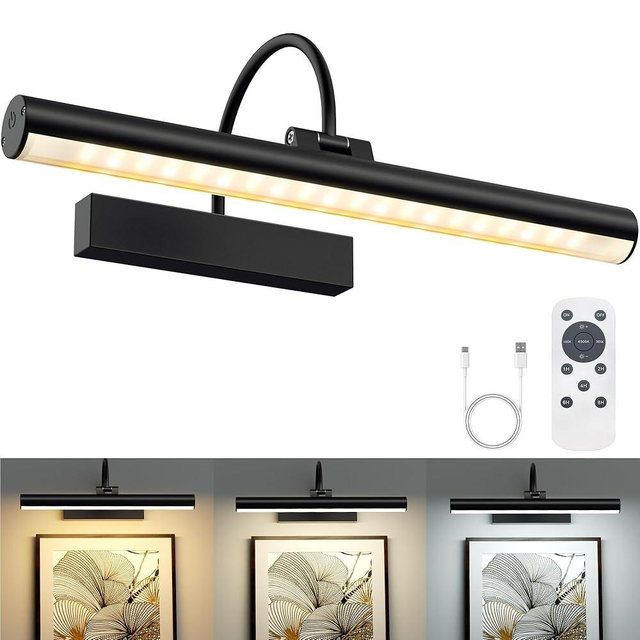 VOLISUN Picture Lights for Wall, 13 inch Rechargable Picture Light Battery Operated, 3 Color Temperatures Cordless Picture Light with Remote, Art Light for Paintings, Gallery, Portrait, 1 Pack (Black)
