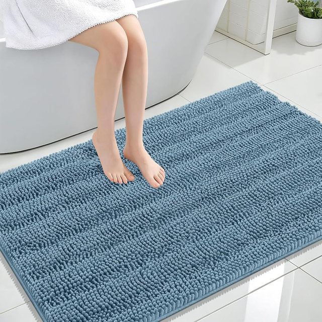 OLANLY Thick Large Bathroom Rugs 47x32, Extra Soft Absorbent Chenille Striped Bath Rugs, Rubber Backing, Machine Wash, Bath Mats for Bathroom Floor, Tub and Shower, Home Decor Accessories, Airy Blue
