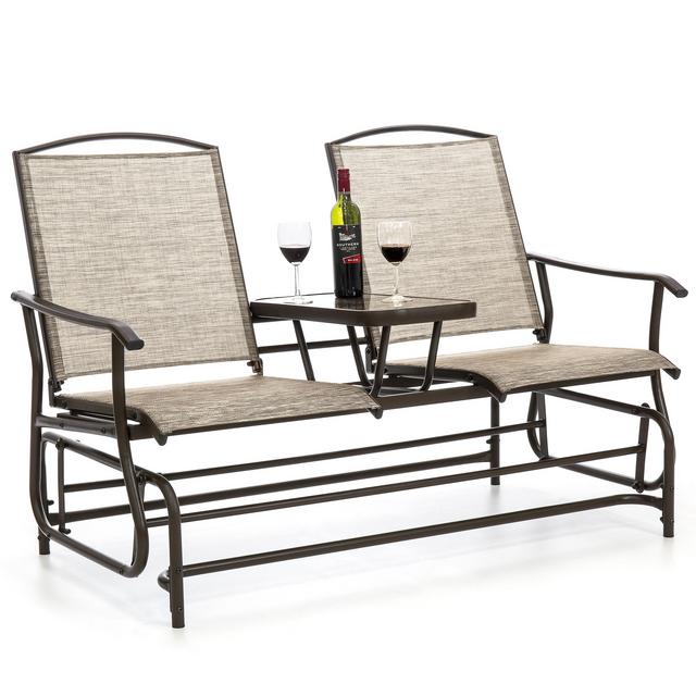 Best Choice Products 2-Person Outdoor Mesh Fabric Patio Double Glider w/ Tempered Glass Attached Table - Tan
