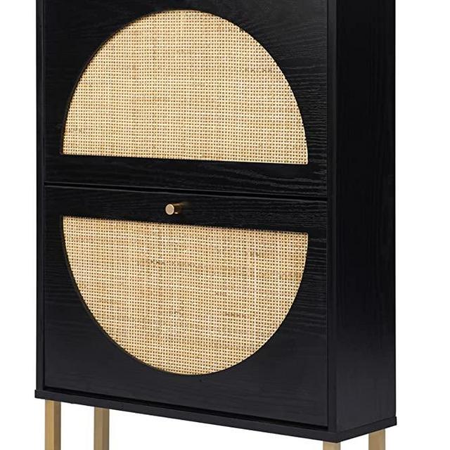 Natural Rattan Shoe Cabinet with 2 Flip Drawers, 2-Tier Black Shoe Rack Storage Cabinet for Modern Heels, Boots, Slippers, Free Standing Shoe Rack, Entrance Hallway (Black)
