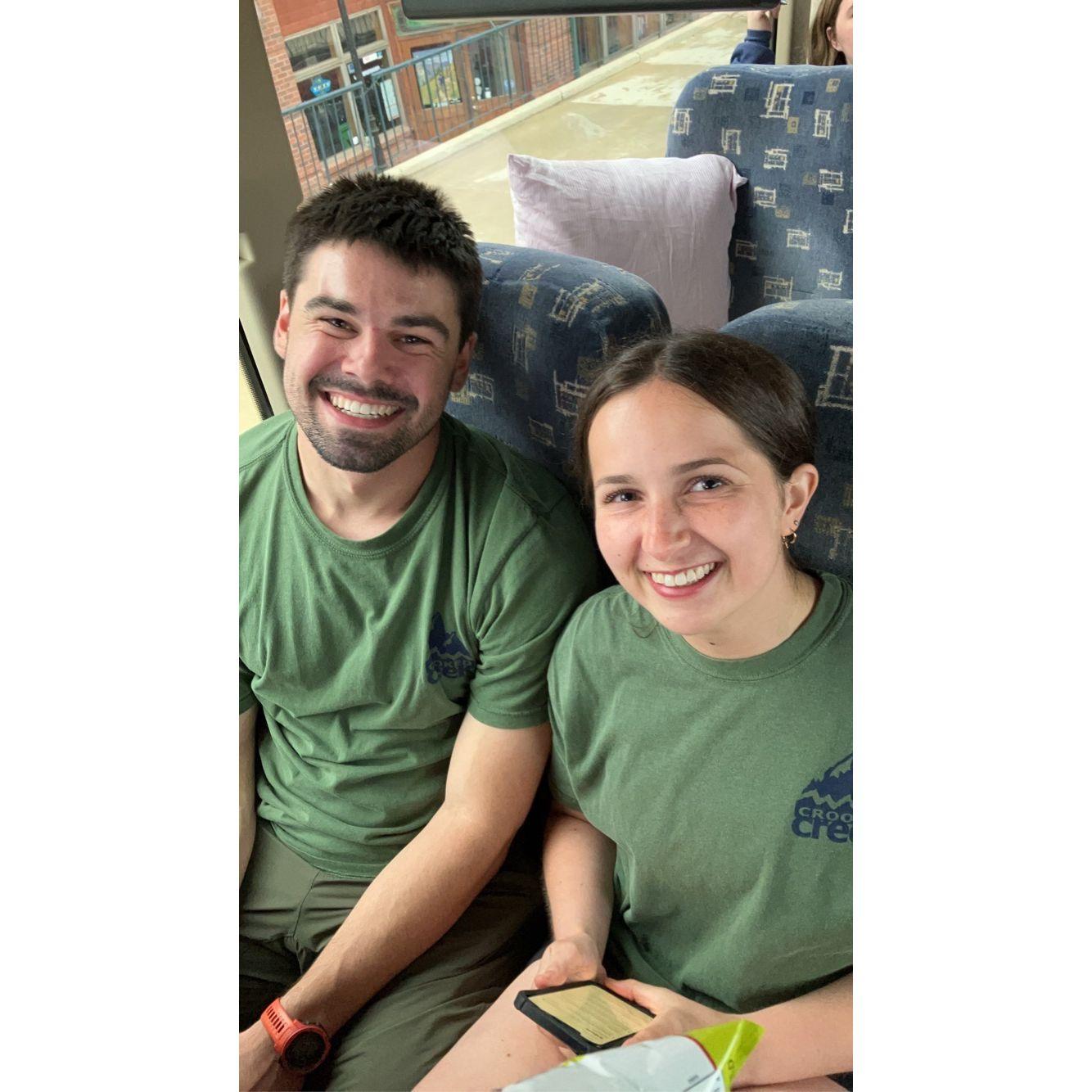 On the bus home from Colorado together after leading cabins of high school students at Crooked Creek Ranch. We had only been dating for about a month!